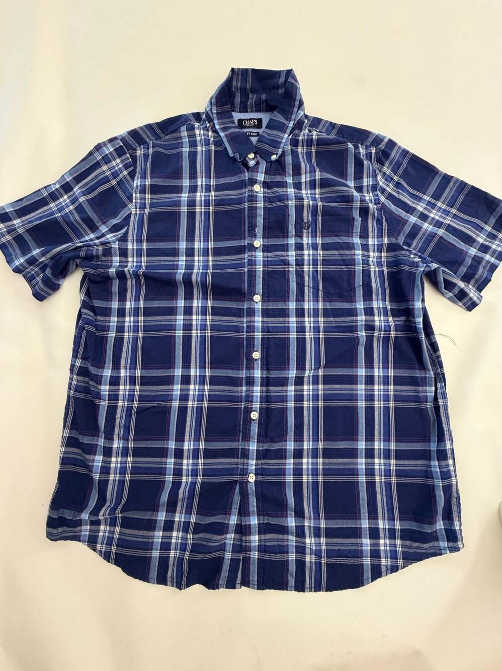 Chaps Shirt XL Navy Plaid Check Short Sleeve Y2K Preppy